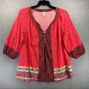 Fig and Flower Womens Top 2X Pink Paisley 3/4 Sleeve Boho Peasant Festival